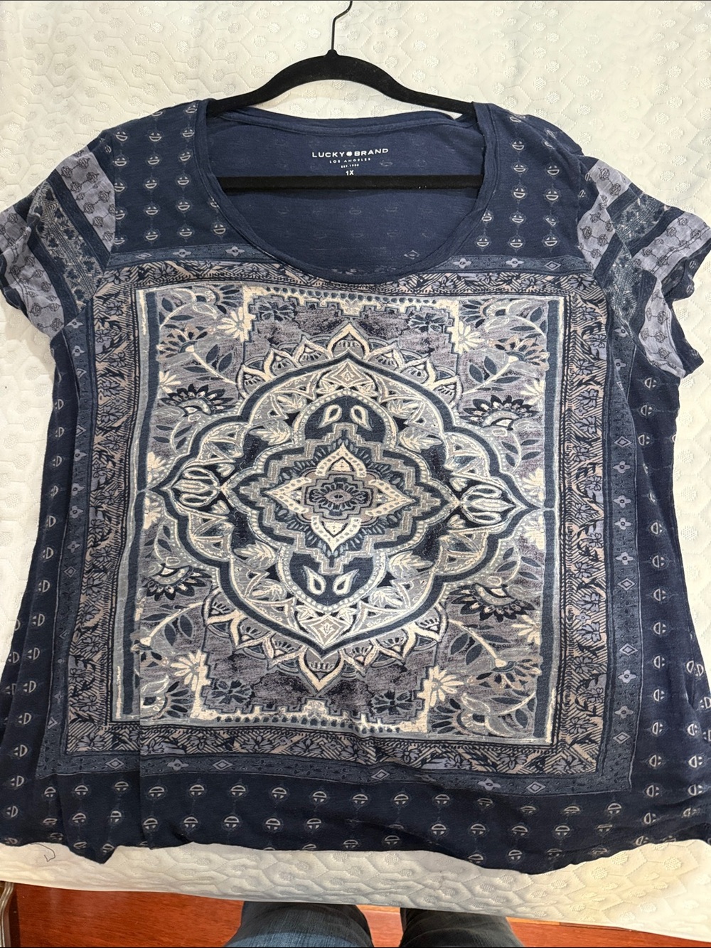 Lucky Brand Navy Blue and Cream Medallion Print Short Sleeve Top